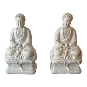 Pair of Vintage White Glazed Porcelain Buddha Figures