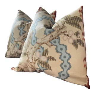 Brunschwig & Fils "Josselin" - Rust and Blue Pillows- A 22' Pair For Sale