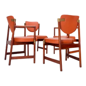 Set 4 Grosfeld House Brick Leather Upholstery Brass Accents Dining Chairs