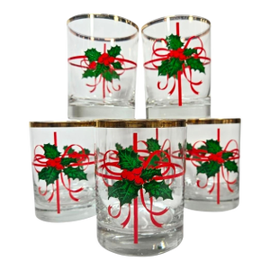 Mid 20th Century Holly and Ribbons Double Old Fashioned Glasses- Set of Six