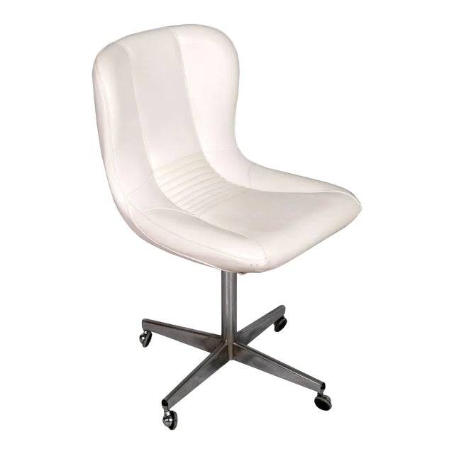 Vintage Revolving Easy Chair in Chromed Steel and White Leather, 1950s For Sale