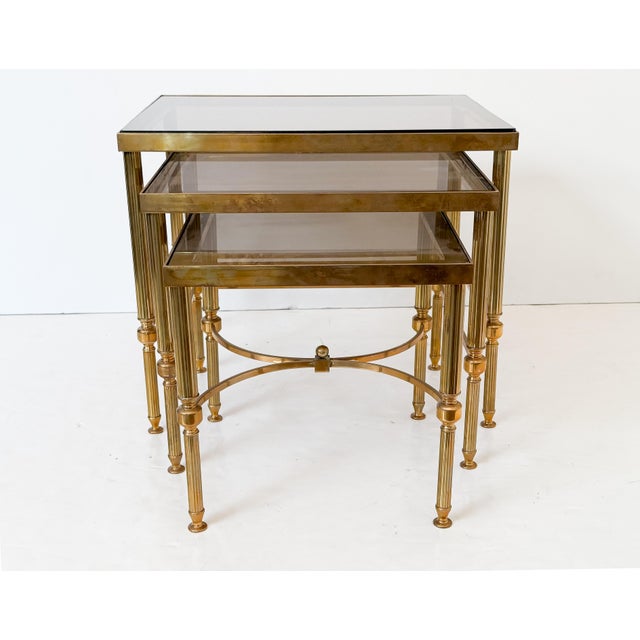 Brass French Nesting Tables of Brass With Smoked Glass For Sale - Image 8 of 18