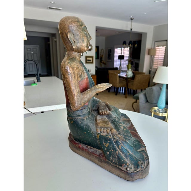 19th Century Antique Burmese Buddhist Monk Polychrome Wood Carving Statue For Sale - Image 5 of 18