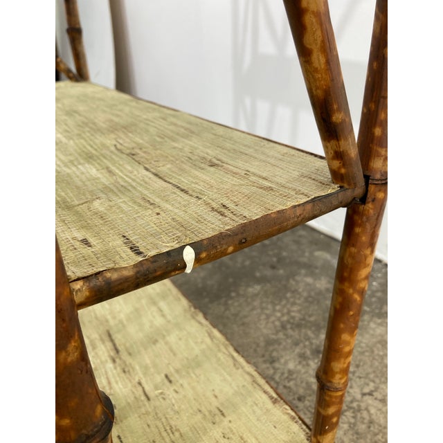 Brown Vintage Scorched Bamboo Tiered Bookshelf With Grasscloth Shelf Liner For Sale - Image 8 of 8