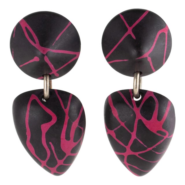 Marc Labat Paris Geometric Pink and Black Resin Clip Earrings For Sale