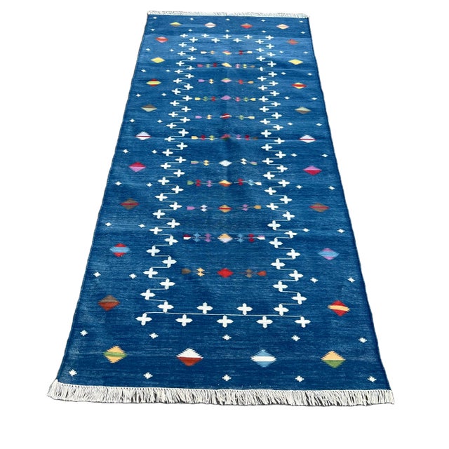 Handmade Cotton Denim Blue Shooting Star Runner Rug, Vegetable Dyed Dhurrie Runner -3'x8' For Sale - Image 9 of 10