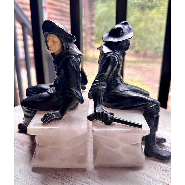 Onyx 1930s J. B. Hirsch Pirate Bookends Seated on White Onyx/Marble Bases For Sale - Image 8 of 11