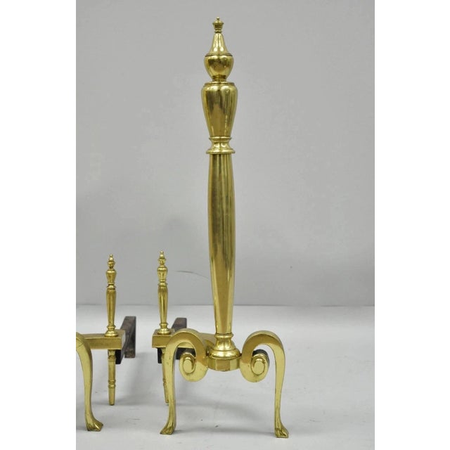 Art Nouveau Mid 20th Century French Art Nouveau Style Brass Urn Finial Fireplace Andirons - A Pair For Sale - Image 3 of 11