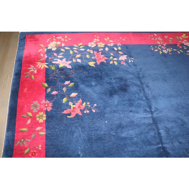 Textile Antique Zabihi Collection Bright Navy Pink Chinese Art Deco Carpet - 8'10" x 11'7" For Sale - Image 7 of 9
