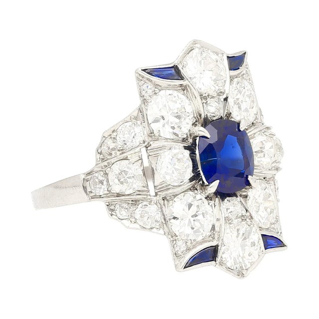 Vintage Art Deco Agl Cert. No Heat Blue Sapphire & Old Cut Diamond Platinum Ring Size 8 For Sale - Image 4 of 8