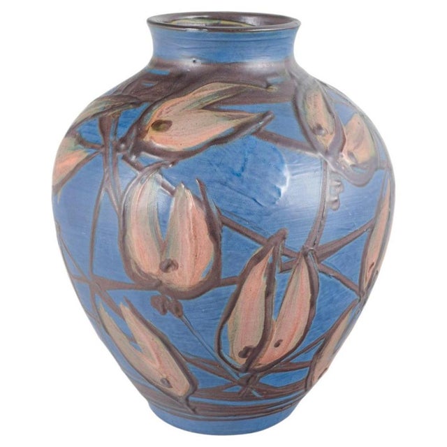 1930s Large Blue Glazed Stoneware Vase and Floral Decorationation from Kähler, 1930s For Sale - Image 5 of 5