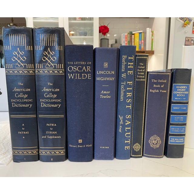 Decorative Blue Book Set - Curated Navy and Gold Literary Collection - Vintage American Dictionary & Oxford Books Please...