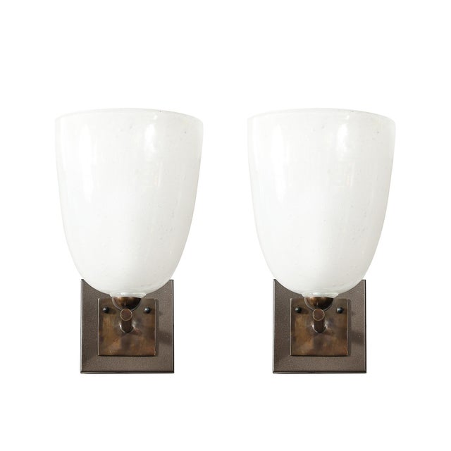 Modern Pair of Modernist Hand-Blown Murano Glass Pulegoso Sconces in Oil Rubbed Bronze For Sale - Image 3 of 17