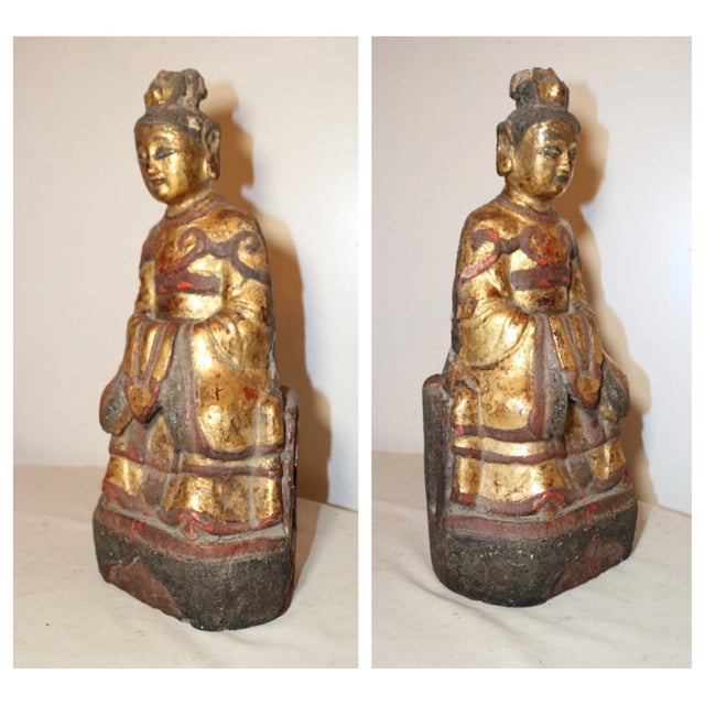 17th Century Antique Chinese Ming Dynasty Wood Immortal Lacquer Gold Leaf Taoist Sculpture For Sale - Image 5 of 12