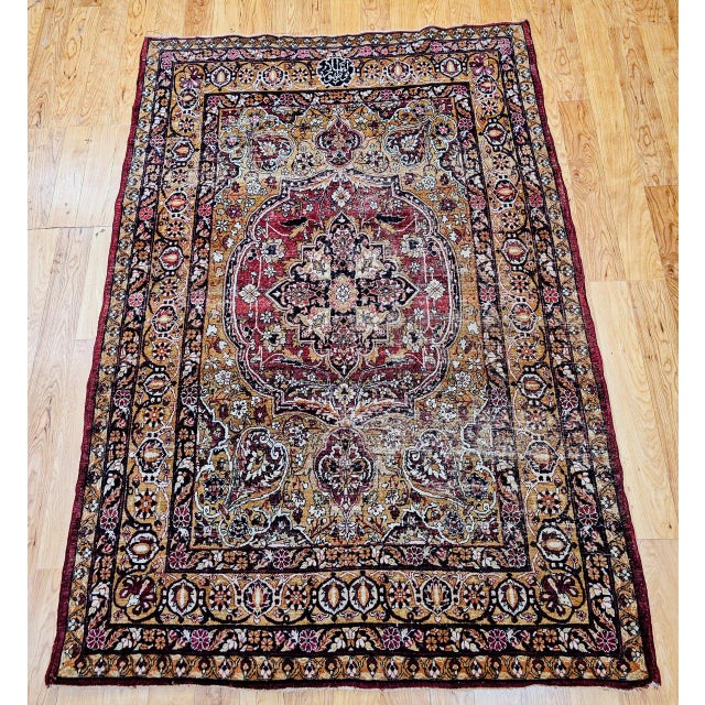 Gold 19th Century Persian Kerman Lavar Rug, Hand-Knotted Wool & Silk, Floral Pattern, Gold & Red, 4x6 For Sale - Image 8 of 16