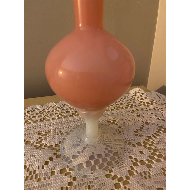 Vintage Italian-Style Pink Opaline Glass Trumpet Vase With Iridescent Pedestal For Sale - Image 9 of 9