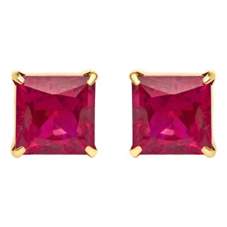 18K Yellow Gold 7x7 MM Created Red Ruby Princess Cut Solitaire Stud Earrings, Pair For Sale