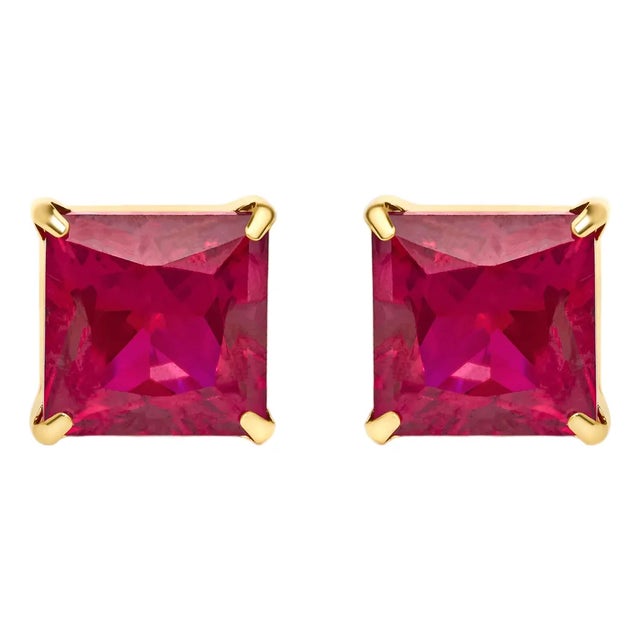 18K Yellow Gold 7x7 MM Created Red Ruby Princess Cut Solitaire Stud Earrings, Pair For Sale