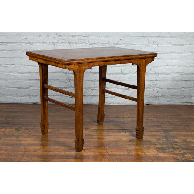 Late Qing Dynasty Chinese Elm Wine Table with Carved Legs and Side Stretchers For Sale - Image 11 of 13
