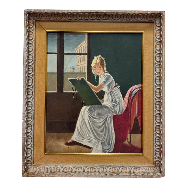 Vintage Oil on Board Rendition of a "Young Woman Drawing" For Sale