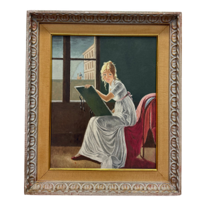 Vintage Oil on Board Rendition of a "Young Woman Drawing"