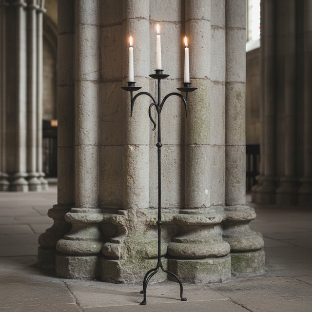 Hand Forged Iron Floor Candelabra 46″ (117cm) Antique Copper or Gold Patina 3-Arm Classic Scroll Candle Holder Rustic Decor For Sale - Image 6 of 11