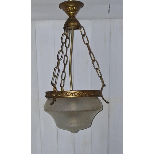 Antique Ceiling Lamp with Ornate Brass Frame and Original Glass Shade, 1890s, in Very Good conditions. Designed 1890 to...