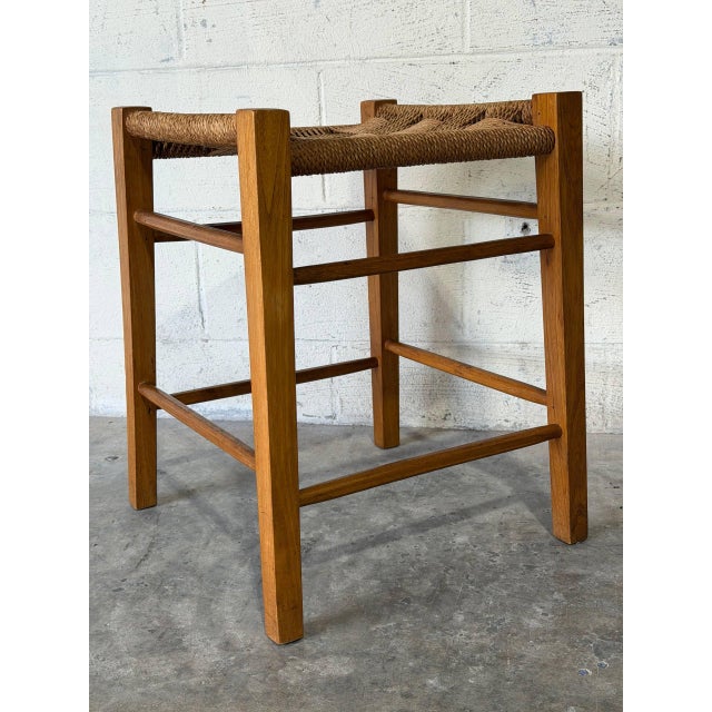 Oak Stool With Woven Cord Seat Rustic Scandinavian Vintage Mid-Century Modern 1970s For Sale - Image 10 of 10