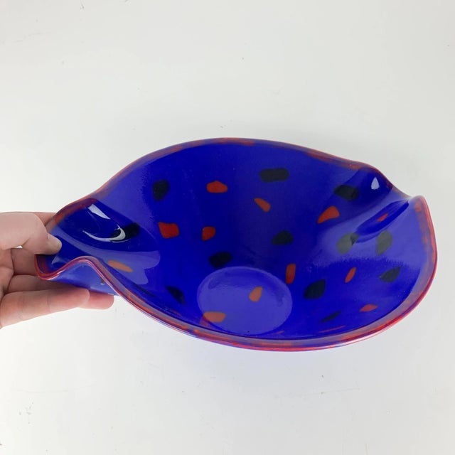 Vintage Mid-Century Modern Handmade Art Glass Bright Blue Red Black Batter Bowl For Sale - Image 10 of 10