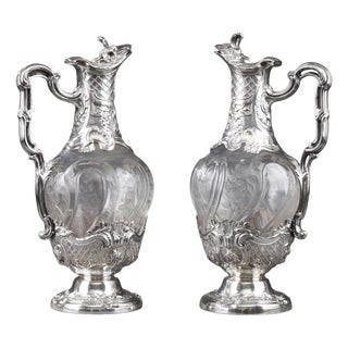 19th Century Silver and Crystal Ewers by Master Silversmith Ernie, 1880, Set of 2 For Sale