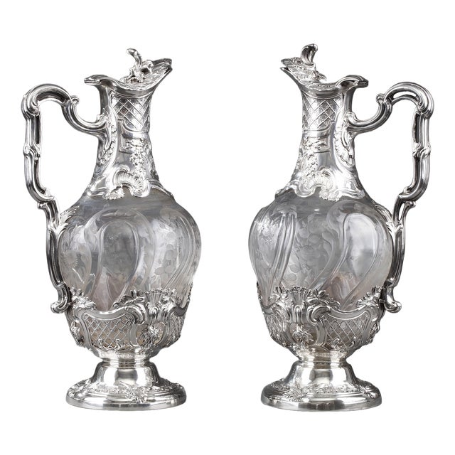 19th Century Silver and Crystal Ewers by Master Silversmith Ernie, 1880, Set of 2 For Sale
