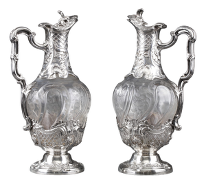 19th Century Silver and Crystal Ewers by Master Silversmith Ernie, 1880, Set of 2
