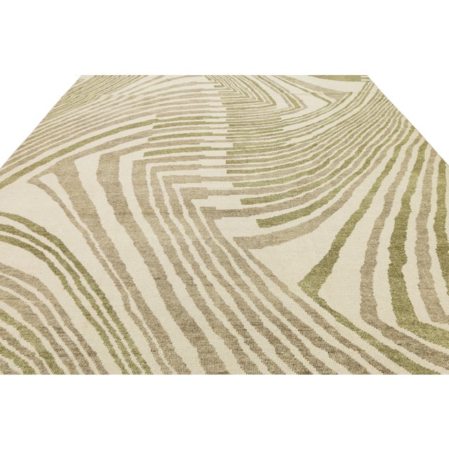 Cream Contemporary Abstract Geometric Wool Area Rug – Olive Green & Cream Modernist For Sale - Image 8 of 12