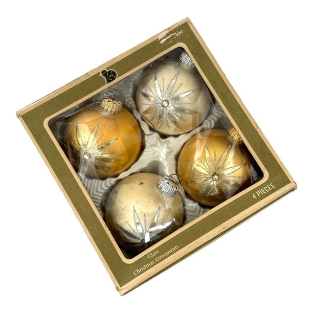 Mid 20th Century Gold & Ivory Glass Christmas Ornaments in Original Box - Set of 4 For Sale