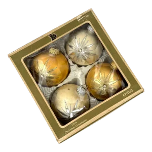 Mid 20th Century Gold & Ivory Glass Christmas Ornaments in Original Box - Set of 4