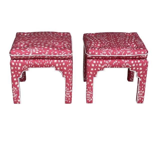 1980s Pair Pink Bunny Williams Style Benches/Ottomans in Brunschwig & Fils For Sale - Image 9 of 10