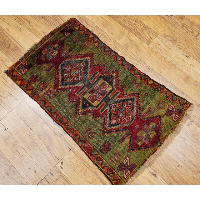 Antique Turkish Oushak Area Rug, Handwoven Wool, Geometric, Green & Red, 2' x 3' For Sale - Image 10 of 11