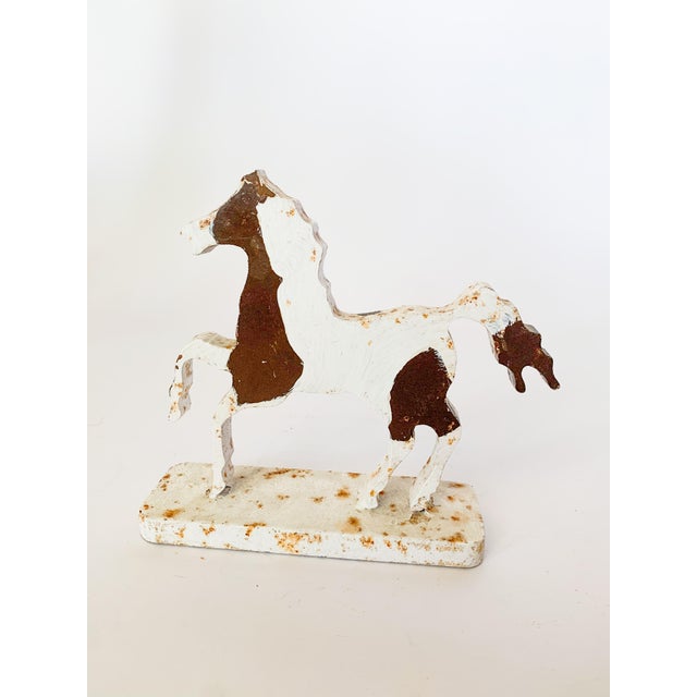 Metal Vintage Folk Art Cast Iron Pinto Horse Door Stopper Object For Sale - Image 7 of 11