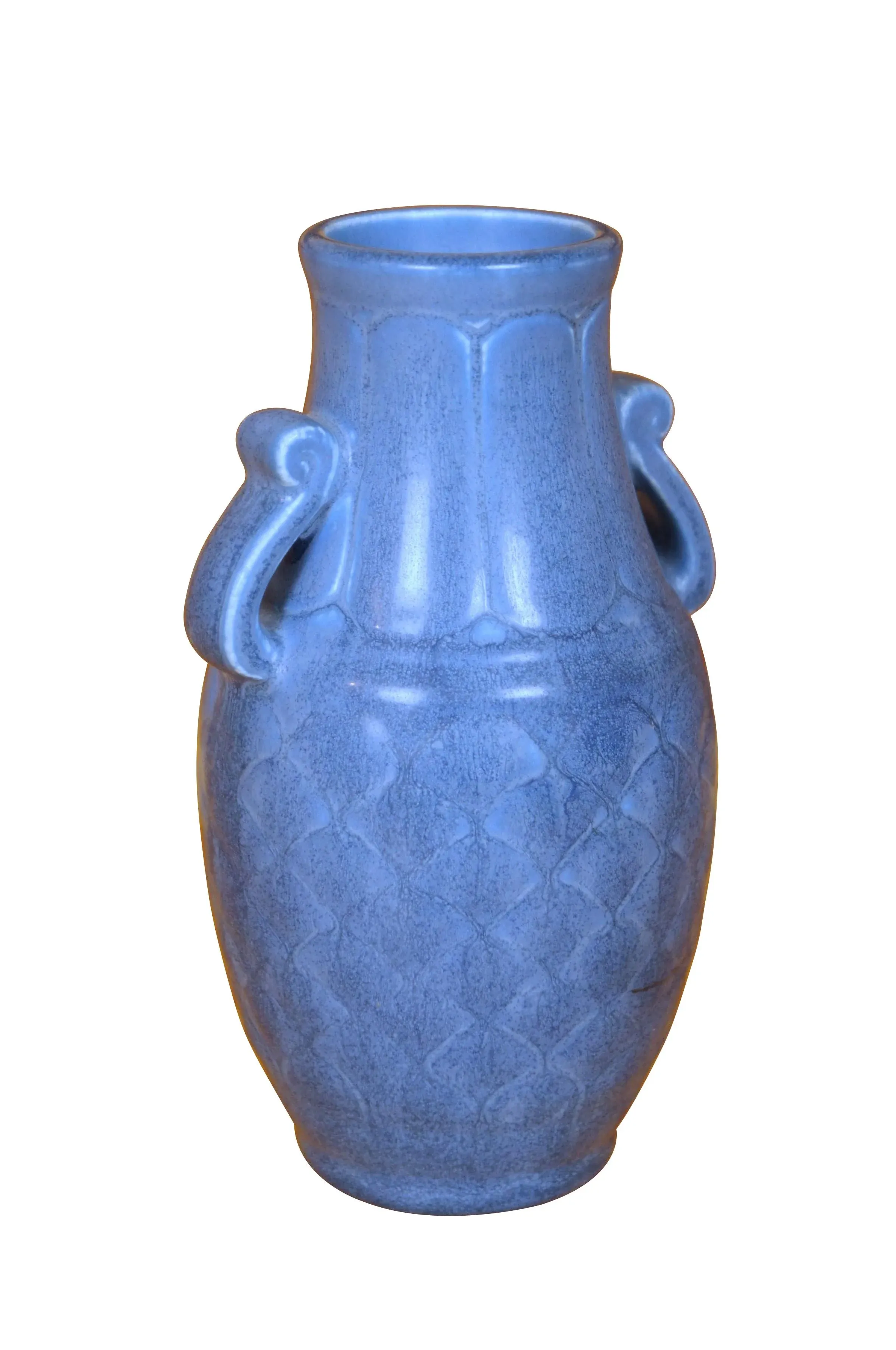 Rookwood 1930 XXX 6096 Matte Blue Basketweave Handled Vase | Chairish