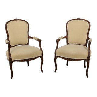 Pair French Louis XV Style Carved Open Armchairs For Sale