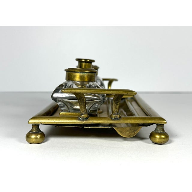 19th Century Victorian Brass Double Inkwell & Candle Holder Set: English Antique For Sale - Image 9 of 10