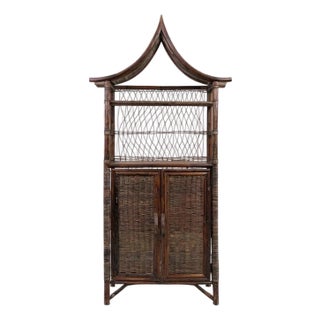 Mid-Century Pagoda Form Rattan / Bamboo and Grasscloth Cabinet / Etagere For Sale