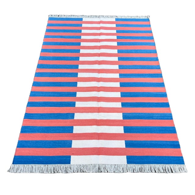 Handwoven Cotton Area Rug, Vegetable Dyed Blue, Terracotta and Cream Striped Dhurrie - 10'x14' For Sale - Image 9 of 10