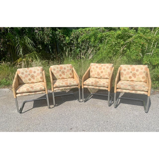Harvey Probber Style Wicker and Chrome Cantilever Dining Chairs - Set of 4 For Sale - Image 10 of 12