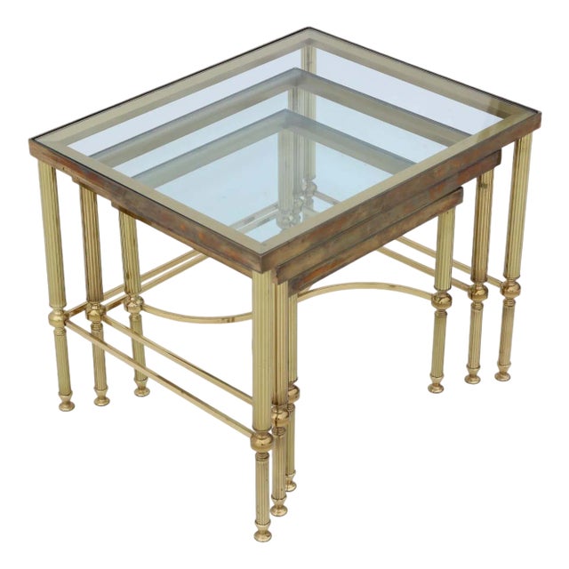 Vintage Ormolu Brass and Glass Nesting Tables from Maison Jansen, 1950s, Set of 3 For Sale