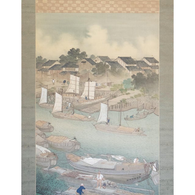 Japanese XXL "Fishing Village" by Yoshika, Taisho Japanese Silk Scroll Painting, in Original Wooden Case For Sale - Image 3 of 18