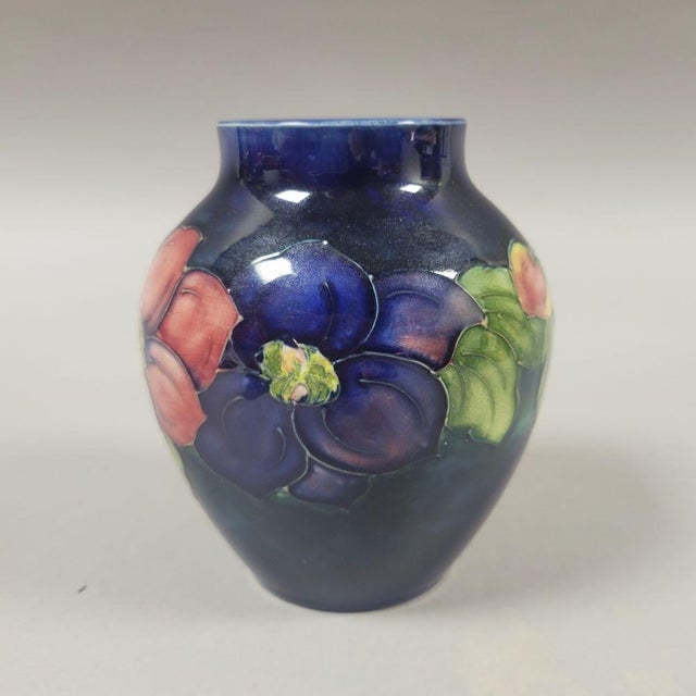 English Vintage Walter Moorcroft Clematis Cobalt Blue Tubelined Art Pottery Vase, England For Sale - Image 3 of 8