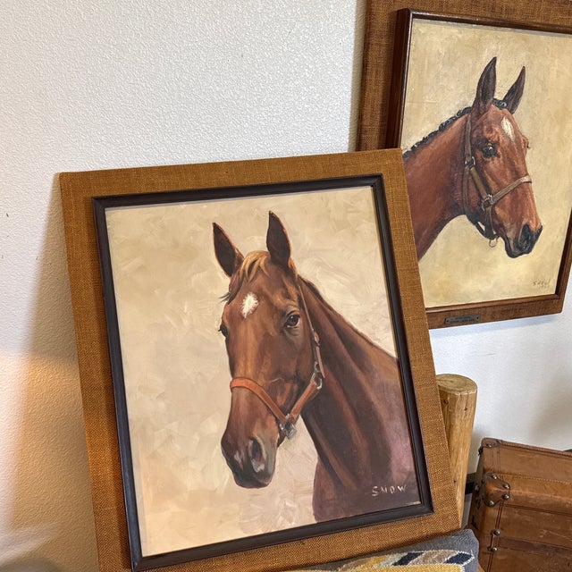 Textile Oil Painting of Thoroughbred Race Horse Chestnut - 1960, by Snow Oil on Canvas Framed For Sale - Image 7 of 7