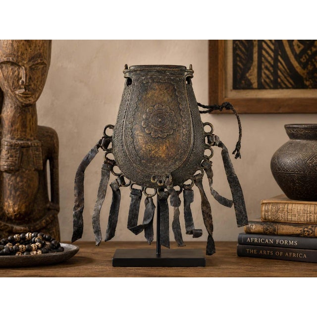 Antique West African Nupe Cast Bronze Ceremonial Purse with Leather Tassels For Sale - Image 12 of 17