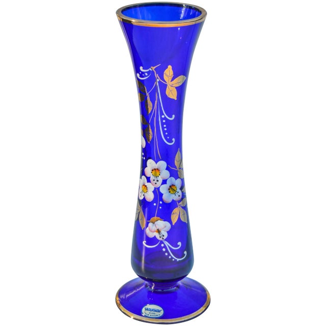 Mid 20th Century Antique Floral-Patterned Blue Glass Vase For Sale - Image 5 of 5